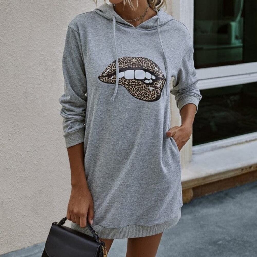 Leopard Print Lips Gray Medium Graphic‎ Hooded Sweatshirt Dress NWOT